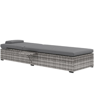Outdoor Patio PE Rattan Lounger with Cushion, 5-Level Reclining Wicker Rattan Sun Lounger with Tea Tray, for Poolside, Patio, Deck, 120kg Weight Capacity, Grey