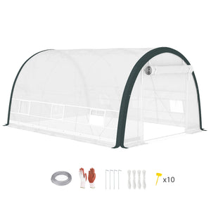 4 x 3(m) Walk-in Polytunnel Greenhouse with Upgraded Structure, Zipped Roll Up Mesh Door, 6 Mesh Windows, Tunnel Warm House Tent with PE Cover, 10 Plant Labels and Gloves, White