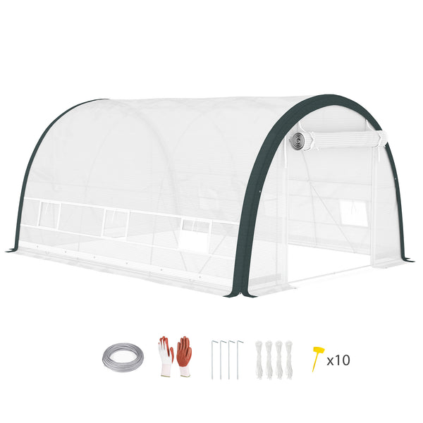 4 x 3(m) Walk-in Polytunnel Greenhouse with Upgraded Structure, Zipped Roll Up Mesh Door, 6 Mesh Windows, Tunnel Warm House Tent with PE Cover, 10 Plant Labels and Gloves, White