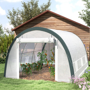 4 x 3(m) Walk-in Polytunnel Greenhouse with Upgraded Structure, Zipped Roll Up Mesh Door, 6 Mesh Windows, Tunnel Warm House Tent with PE Cover, 10 Plant Labels and Gloves, White