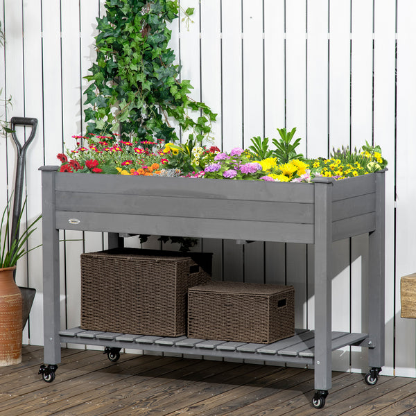 Raised Garden Bed Mobile Elevated Wood Planter Box w/ Lockable Wheels, Storage Shelf  for Herbs and Vegetables Backyard Patio Balcony Zebrano, Dark Grey