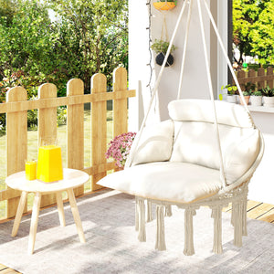 Hammock Swing Chair, Outdoor Hanging Chair with Large Cushion, Cotton Rope Weaving Macrame Swing with Chain, 265 LBS Capacity for Indoor, Outdoor, Bedroom, Patio, Balcony, Cream White