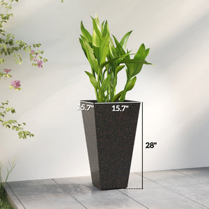 28 Inch Tall Planters for Outdoor Plants, Set of 3 Plastic Flower Pots with Marble Finish and Drainage Holes, Stackable Tapered Large Planters for Indoor Plants, Front Porch Decor, Brown