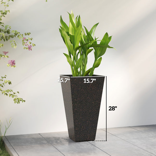 28 Inch Tall Planters for Outdoor Plants, Set of 3 Plastic Flower Pots with Marble Finish and Drainage Holes, Stackable Tapered Large Planters for Indoor Plants, Front Porch Decor, Brown