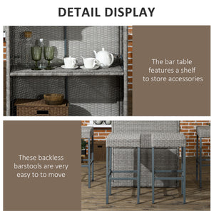 5 Pieces Patio Bar Set, Outdoor PE Rattan Wicker High Top Outdoor Table and Chairs Outdoor Bar Set with Tempered Glass Top Bar Table and Shelves, 4 Bar Chairs, Grey