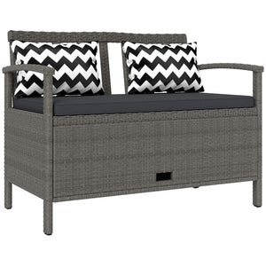 2 Seater Garden Storage Bench with 160L Capacity, PE Rattan Garden Bench with Storage, Wicker Outdoor Bench Loveseat with Cushion, Pillows and Steel Frame for Patio, Grey