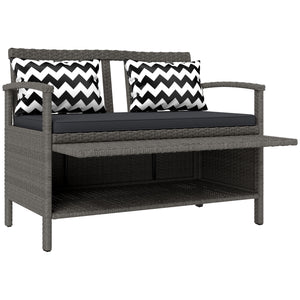 2 Seater Garden Storage Bench with 160L Capacity, PE Rattan Garden Bench with Storage, Wicker Outdoor Bench Loveseat with Cushion, Pillows and Steel Frame for Patio, Grey