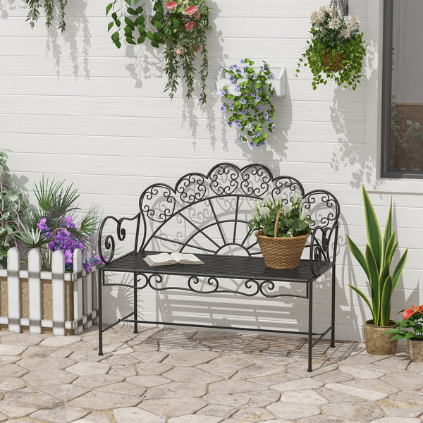 Garden Bench, 2 Seater Outdoor Patio Bench, Metal Garden Loveseat with Slatted Seat, 200 KG Capacity for Park Balcony Porch, 107 x 55.5 x 92 cm, Black
