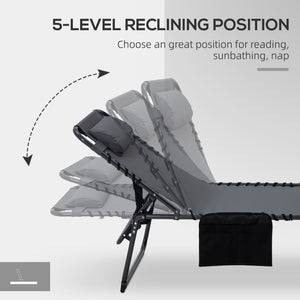 2 Piece Folding Chaise Lounge with 5-level Reclining Back, Tanning Chair with Face Hole, Outdoor Lounge Chair with Side Pocket & Headrest for Beach, Yard, Patio, Gray