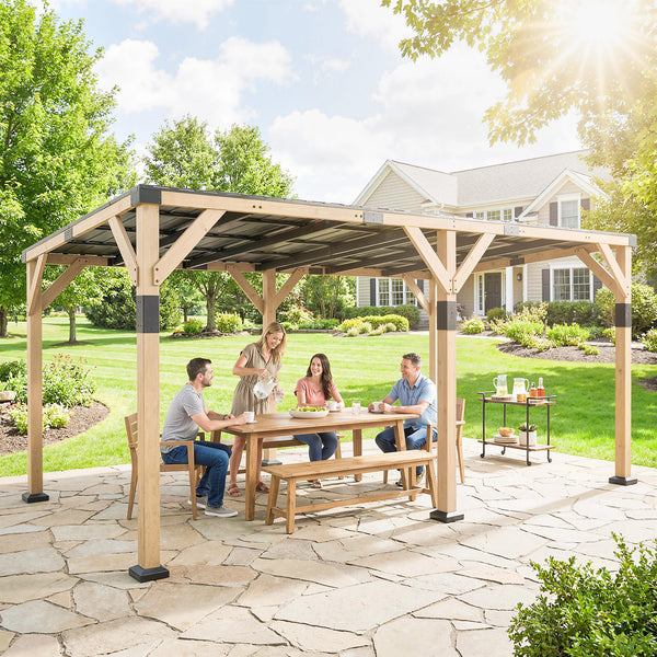 10' x 20' Wooden Gazebo, Hardtop Lean-to Gazebo Pergola with Galvanized Steel Sloped Roof, Large Heavy Duty Awning for Patio, Deck, Backyard, Light Walnut