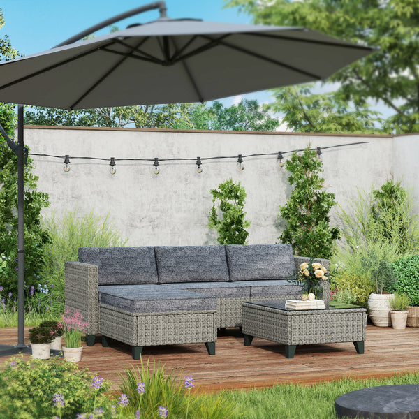 5 Pieces PE Rattan Garden Furniture Set, 4 Seater Garden Corner Sofa Set with Glass Coffee Table, Wicker Outdoor Furniture Set with Cushions for Patio Deck, Dark Grey