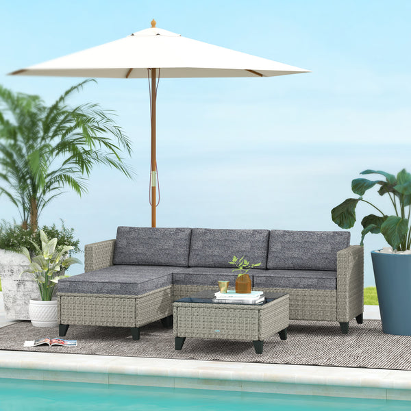 5 Pieces PE Rattan Garden Furniture Set, 4 Seater Garden Corner Sofa Set with Glass Coffee Table, Wicker Outdoor Furniture Set with Cushions for Patio Deck, Dark Grey
