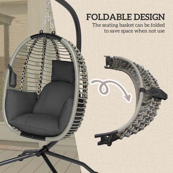 Outdoor Swing Chair with Thick Padded Cushion, Patio Hanging Egg Chair with Metal Stand, Foldable Basket, Cup Holder, Rope Structure for Indoor & Outdoor, Dark Grey