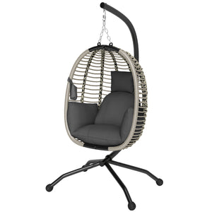 Outdoor Swing Chair with Thick Padded Cushion, Patio Hanging Egg Chair with Metal Stand, Foldable Basket, Cup Holder, Rope Structure for Indoor & Outdoor, Dark Grey