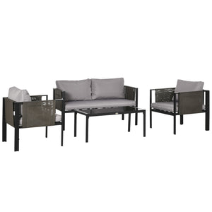 4 Piece Metal Garden Furniture Set with Tempered Glass Coffee Table, Texteline Pocket, Outdoor Set Loveseat Single Armchairs with Padded Cushions, Light Grey