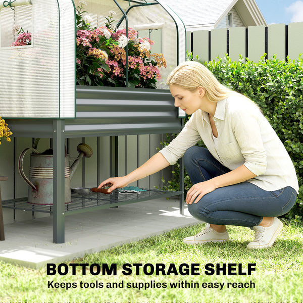 Galvanised Raised Garden Bed with Greenhouse Cover, Metal Elevated Garden Bed with Legs, Bed Liner and Bottom Shelf, Outdoor Raised Planter Box for Vegetables, Herbs, Flowers, Dark Gray