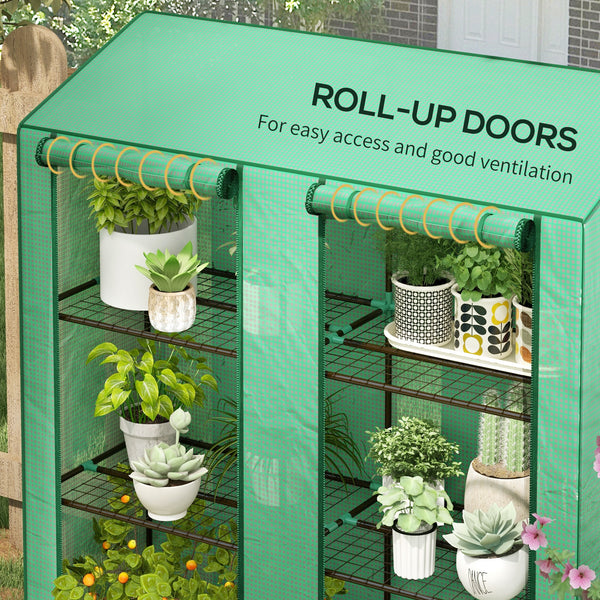 Lean-to Mini Greenhouse with 3 Tier Shelves, PE Cover, Portable Green House with 2 Roll-up Doors, Garden Plant Grow Hot House for Indoor Outdoor, 56.3"x18.1"x59.4", Green