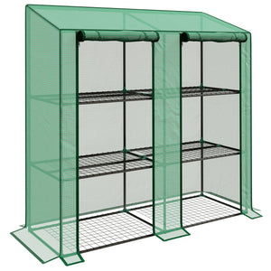 Lean-to Mini Greenhouse with 3 Tier Shelves, PE Cover, Portable Green House with 2 Roll-up Doors, Garden Plant Grow Hot House for Indoor Outdoor, 56.3"x18.1"x59.4", Green