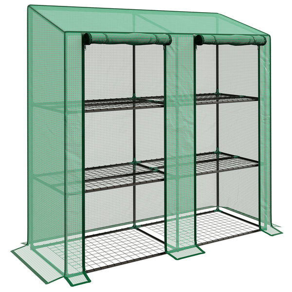 Lean-to Mini Greenhouse with 3 Tier Shelves, PE Cover, Portable Green House with 2 Roll-up Doors, Garden Plant Grow Hot House for Indoor Outdoor, 56.3"x18.1"x59.4", Green
