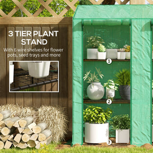 Lean-to Mini Greenhouse with 3 Tier Shelves, PE Cover, Portable Green House with 2 Roll-up Doors, Garden Plant Grow Hot House for Indoor Outdoor, 56.3"x18.1"x59.4", Green