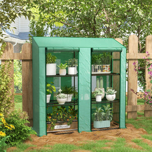 Lean-to Mini Greenhouse with 3 Tier Shelves, PE Cover, Portable Green House with 2 Roll-up Doors, Garden Plant Grow Hot House for Indoor Outdoor, 56.3"x18.1"x59.4", Green