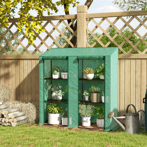 Lean-to Mini Greenhouse with 3 Tier Shelves, PE Cover, Portable Green House with 2 Roll-up Doors, Garden Plant Grow Hot House for Indoor Outdoor, 56.3"x18.1"x59.4", Green
