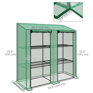 Lean-to Mini Greenhouse with 3 Tier Shelves, PE Cover, Portable Green House with 2 Roll-up Doors, Garden Plant Grow Hot House for Indoor Outdoor, 56.3"x18.1"x59.4", Green