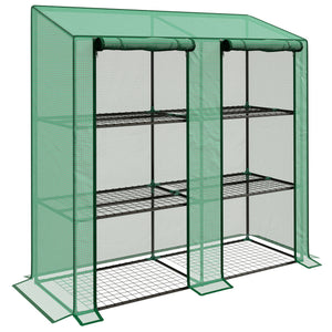Lean-to Mini Greenhouse with 3 Tier Shelves, PE Cover, Portable Green House with 2 Roll-up Doors, Garden Plant Grow Hot House for Indoor Outdoor, 56.3"x18.1"x59.4", Green