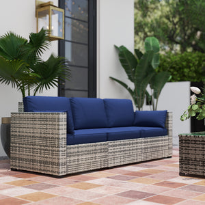 Three-Seater Outdoor Sofa with Cushions, PE Rattan Conversation Patio Wicker Couch Furniture with Pillows for Garden, Poolside, Deck, Balcony, Backyard, Dark Blue
