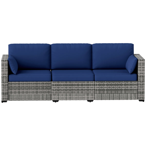 Three-Seater Outdoor Sofa with Cushions, PE Rattan Conversation Patio Wicker Couch Furniture with Pillows for Garden, Poolside, Deck, Balcony, Backyard, Dark Blue