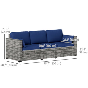 Three-Seater Outdoor Sofa with Cushions, PE Rattan Conversation Patio Wicker Couch Furniture with Pillows for Garden, Poolside, Deck, Balcony, Backyard, Dark Blue