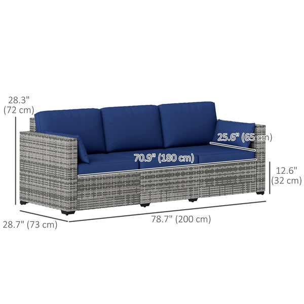Three-Seater Outdoor Sofa with Cushions, PE Rattan Conversation Patio Wicker Couch Furniture with Pillows for Garden, Poolside, Deck, Balcony, Backyard, Dark Blue