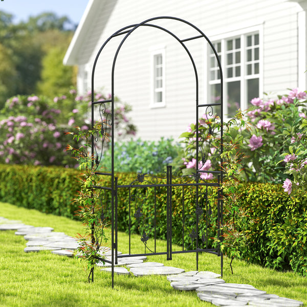 7ft Steel Garden Arch with Gate, Garden Arbor Trellis for Climbing Plants, Roses, Vines, Wedding Arch for Outdoor, Garden, Lawn, Backyard, Black