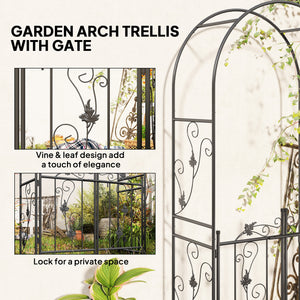 7ft Steel Garden Arch with Gate, Garden Arbor Trellis for Climbing Plants, Roses, Vines, Wedding Arch for Outdoor, Garden, Lawn, Backyard, Black