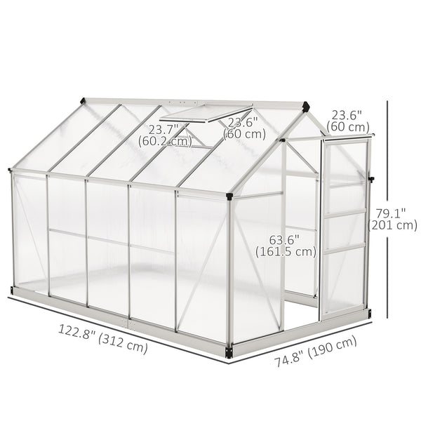 6' x 10' x 6.6' Polycarbonate Greenhouse, Walk-In Green House Kit Garden, Plants Grow, Galvanized Sheet Aluminum Frame with Rain Gutter, Vents and Sliding Door, Sliver