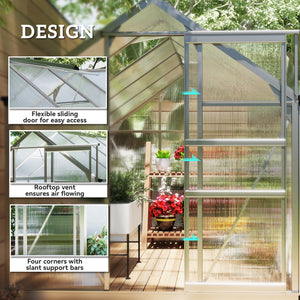 6' x 10' x 6.6' Polycarbonate Greenhouse, Walk-In Green House Kit Garden, Plants Grow, Galvanized Sheet Aluminum Frame with Rain Gutter, Vents and Sliding Door, Sliver