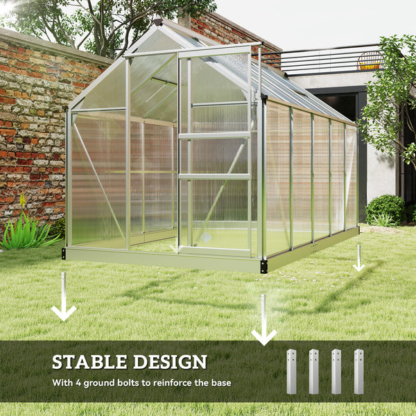 6' x 10' x 6.6' Polycarbonate Greenhouse, Walk-In Green House Kit Garden, Plants Grow, Galvanized Sheet Aluminum Frame with Rain Gutter, Vents and Sliding Door, Sliver