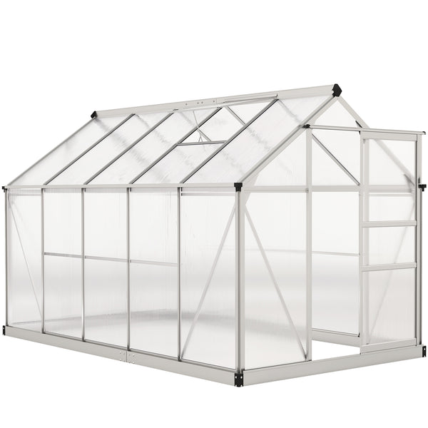 6' x 10' x 6.6' Polycarbonate Greenhouse, Walk-In Green House Kit Garden, Plants Grow, Galvanized Sheet Aluminum Frame with Rain Gutter, Vents and Sliding Door, Sliver