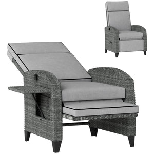 Garden Recliner with Cushion, PE Wicker Outdoor Recliner Chair with Adjustable Backrest & Footrest, Rattan Recliner Chair with Armrests and Side Tray for Balcony, Porch, Light Grey