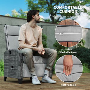 Garden Recliner with Cushion, PE Wicker Outdoor Recliner Chair with Adjustable Backrest & Footrest, Rattan Recliner Chair with Armrests and Side Tray for Balcony, Porch, Light Grey