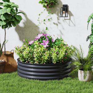 Galvanised Raised Garden Bed with Safety Edging, Outdoor Raised Planter Box with Gloves and Open Bottom, Metal Raised Bed for Flowers, Vegetables and Herbs, 120 x 120 x 43cm, Dark Grey