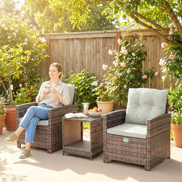 5 Piece Patio Furniture Set, Wicker Patio Chairs with Ottomans, 2-Tier Glass Coffee Table, Cushions, Outdoor Patio Furniture Conversation Set for Balcony, Brown/Cream