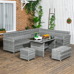 5 Pieces PE Rattan Garden Furniture Set with Corner Sofa, Patio Sofa Set with Glass Table, Stools, Cushions, for Poolside, Mixed Grey