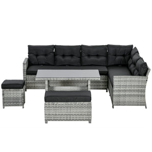 5 Pieces PE Rattan Garden Furniture Set with Corner Sofa, Patio Sofa Set with Glass Table, Stools, Cushions, for Poolside, Mixed Grey