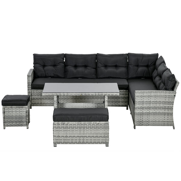 5 Pieces PE Rattan Garden Furniture Set with Corner Sofa, Patio Sofa Set with Glass Table, Stools, Cushions, for Poolside, Mixed Grey