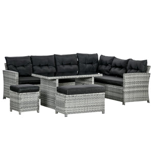 5 Pieces PE Rattan Garden Furniture Set with Corner Sofa, Patio Sofa Set with Glass Table, Stools, Cushions, for Poolside, Mixed Grey