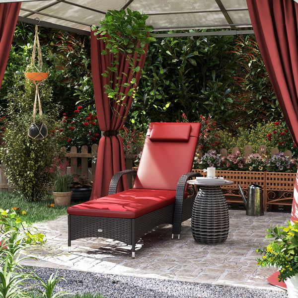 Wicker Chaise Lounge, Outdoor Lounge Chair, PE Rattan Patio Sun lounger with Head-rest, 5-Level Height Adjust Backrest, Cushion & Wheels, Deep Coffee and Wine Red
