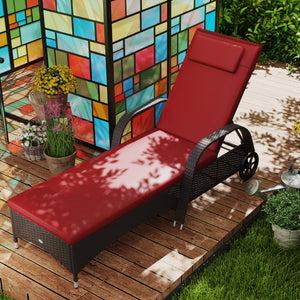 Wicker Chaise Lounge, Outdoor Lounge Chair, PE Rattan Patio Sun lounger with Head-rest, 5-Level Height Adjust Backrest, Cushion & Wheels, Deep Coffee and Wine Red