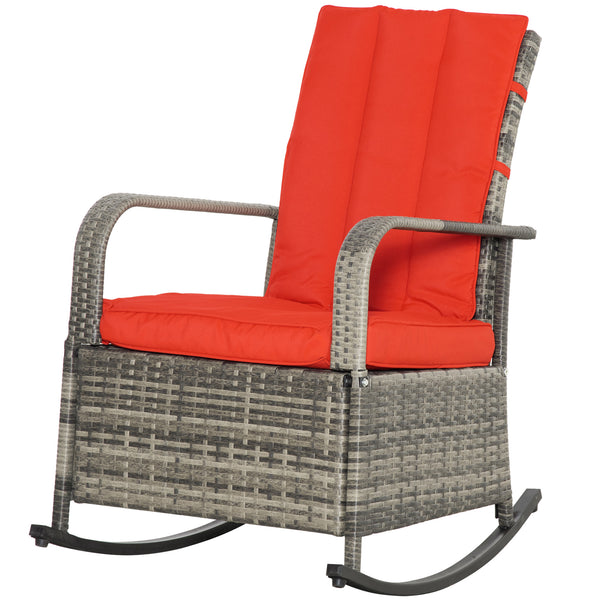 Outdoor Wicker Rocking Chair with Cushion, Patio PE Rattan Recliner Chair with Adjustable Footrest, Armrests, Red