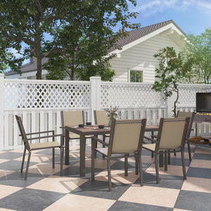 7 Piece Patio Dining Set, Outdoor Dining Table and 6 Stackable Chairs, Metal Patio Furniture Set with WPC Top, Breathable Mesh for Garden, Backyard, Poolside, Khaki